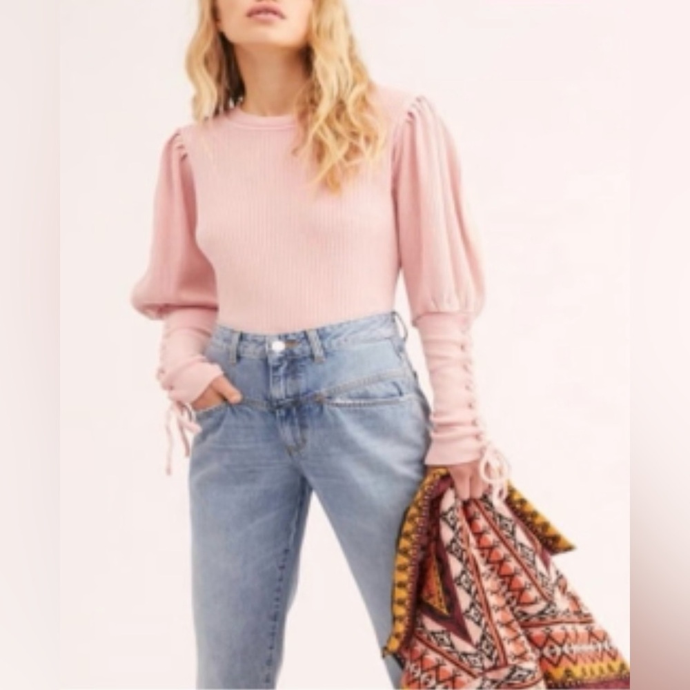 NWT Free People Tasha One Top Pink Waffle Knit Laceup Long Puff Sleeves SZ:M-L
